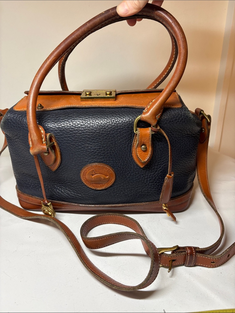 Dooney & Bourke Vintage All-Weather Leather Navy and British Tan Doctor Bag